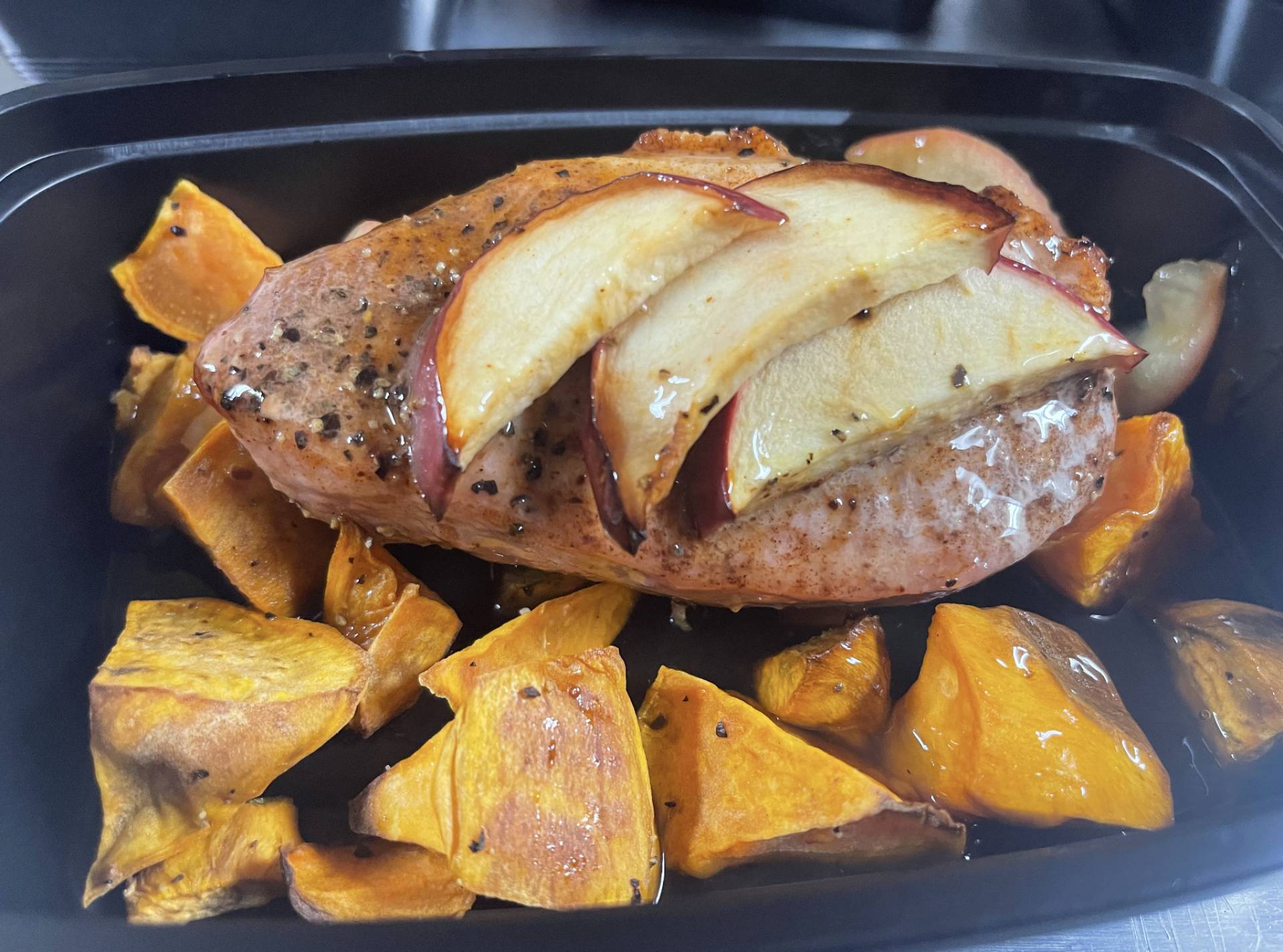 Apple Bourbon Gastrique Pork w/ Baked Sweet Potato