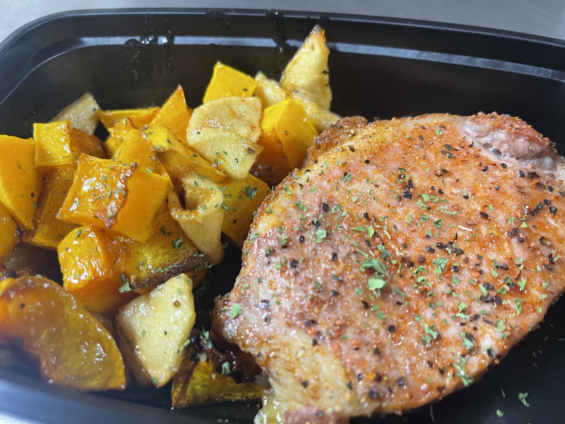 Bourbon Glazed Pork w/ Baked Sweet Potato Chunks