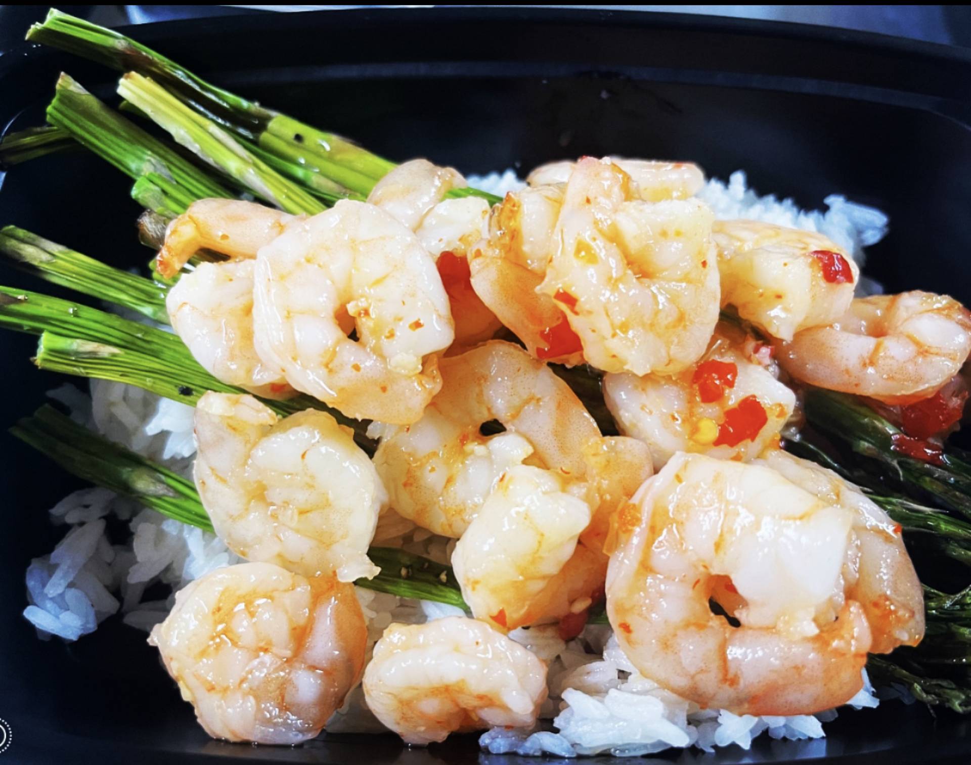 Sweet Chili Shrimp w/ asparagus over Jasmine Rice